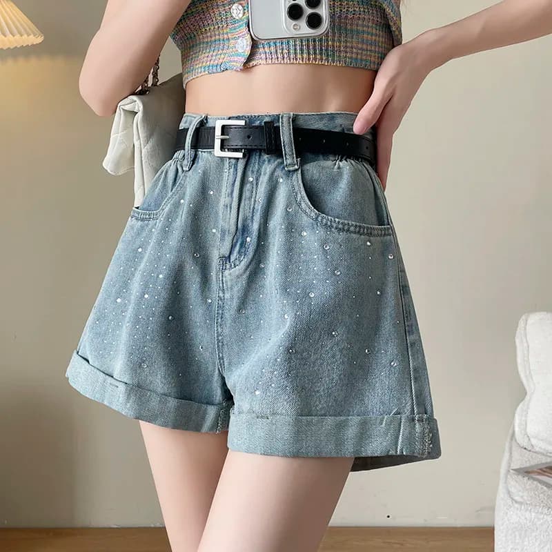 Ideal Gift For Women Rhinestone Denim Shorts High Waist Roll Hem Casual Summer Pants With Belt Birthday Holiday Present
