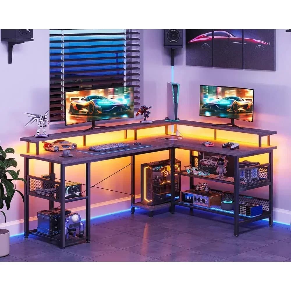 Scrivania da Gaming a L da 168 cm con Presa di Corrente Integrata e Illuminazione LED, Tavolo da Gaming per PC con Porte USB e Design Reversibile