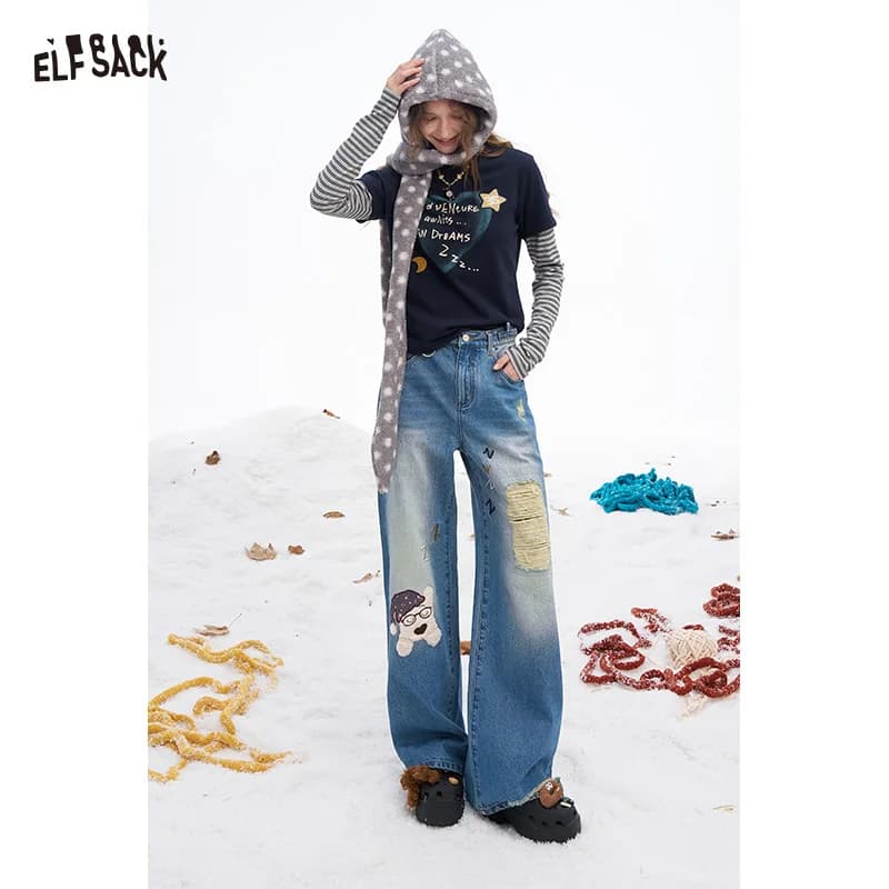 ELFSACK 2025 Nuovi Arrivi Invernali Y2K Casual Allentato Cane Grafica Strappata Distressed Dritto Piano Lunghezza Jeans Per Le Donne