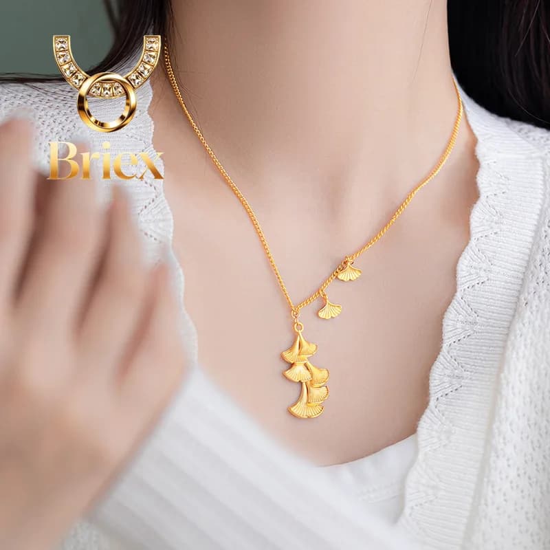 Collana da donna Briex Jewelry di lusso in oro puro 24K 9999 con ciondolo a foglia di Ginkgo, collana da clavicola