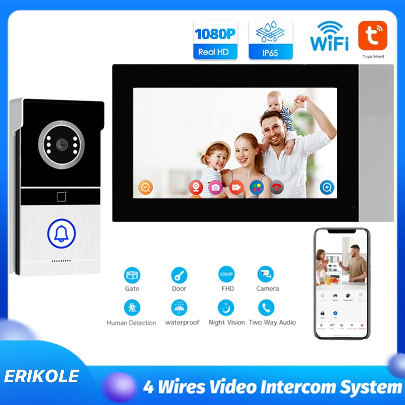 Sistema videocitofonico Tuya da 7 pollici 1080p con telecamera per visione notturna, supporto per sblocco remoto, integrazione dell'app Smart Home per esterni