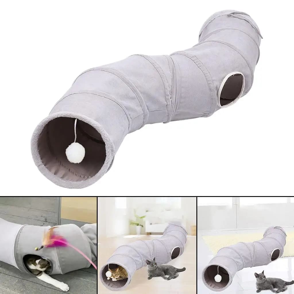 Tunnel per gatti morbidi e pieghevoli Giocattolo interattivo con palla da gioco e fori Tubi per animali domestici con letto per tende da gioco a forma di S