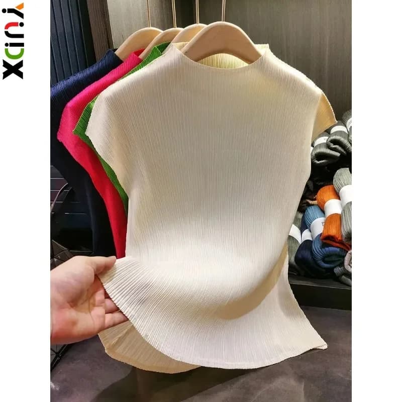 Miyake Versatile Classico Semplice Tinta Unita Stand Up Colletto A Pieghe Top Donna Slim Slim Manica Corta Miyake T-Shirt Estate 2025