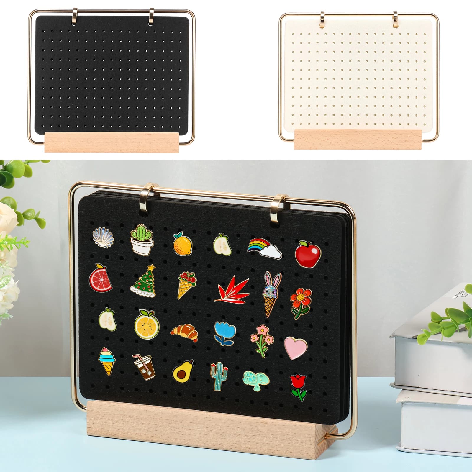 Badge Brooch Storage Rack Wooden Display Stand with 6Felt Page Earring Hair Clip Accessory Organizer Shelf for Home Decoration