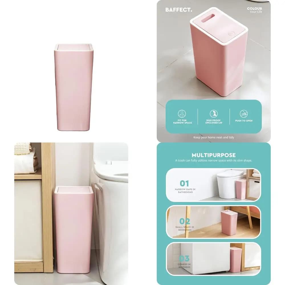 Pattumiera rosa con coperchio da 2,1 galloni: cestino per rifiuti compatto per bagno, dormitorio, ufficio e camera da letto
