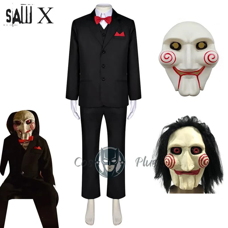 Sega ‌ X Jigsaw Killer Cosplay Anime Costume Uniforme da uomo Abito Cappotto Gilet Pantaloni Set Maschera da festa di Halloween per uomo