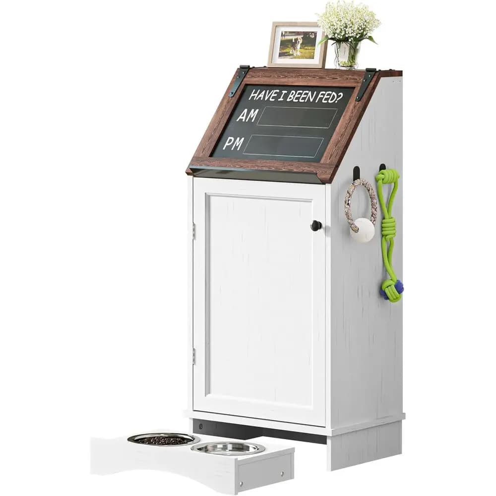 White Grain Pet Food Station with Storage and 2 Hidden Feeding Bowls