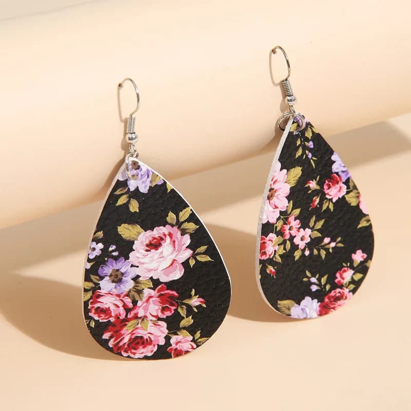 Nuovo arrivo Euro American Retro colorato stampato fiore modello a goccia fascino orecchini da donna stile in pelle double face