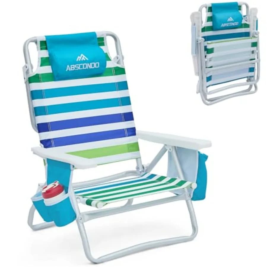 Beach Chair for Adults: Aluminum Frame, Navy Blue, Supports 350lbs with 5-Position Recline, Towel Bar Cooler Pouch