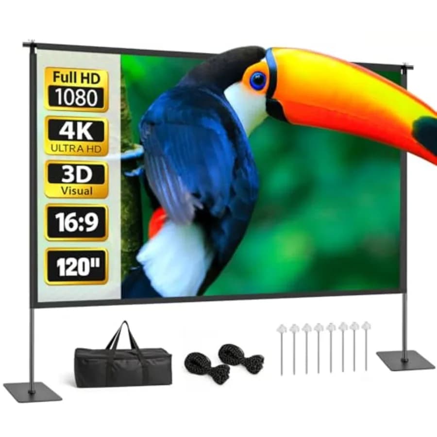 Schermo per proiettore con supporto 120 pollici, kit di proiezione portatile per interni ed esterni, telaio interamente in metallo, senza pieghe, 16:9 4K HD, proiezione frontale/posteriore