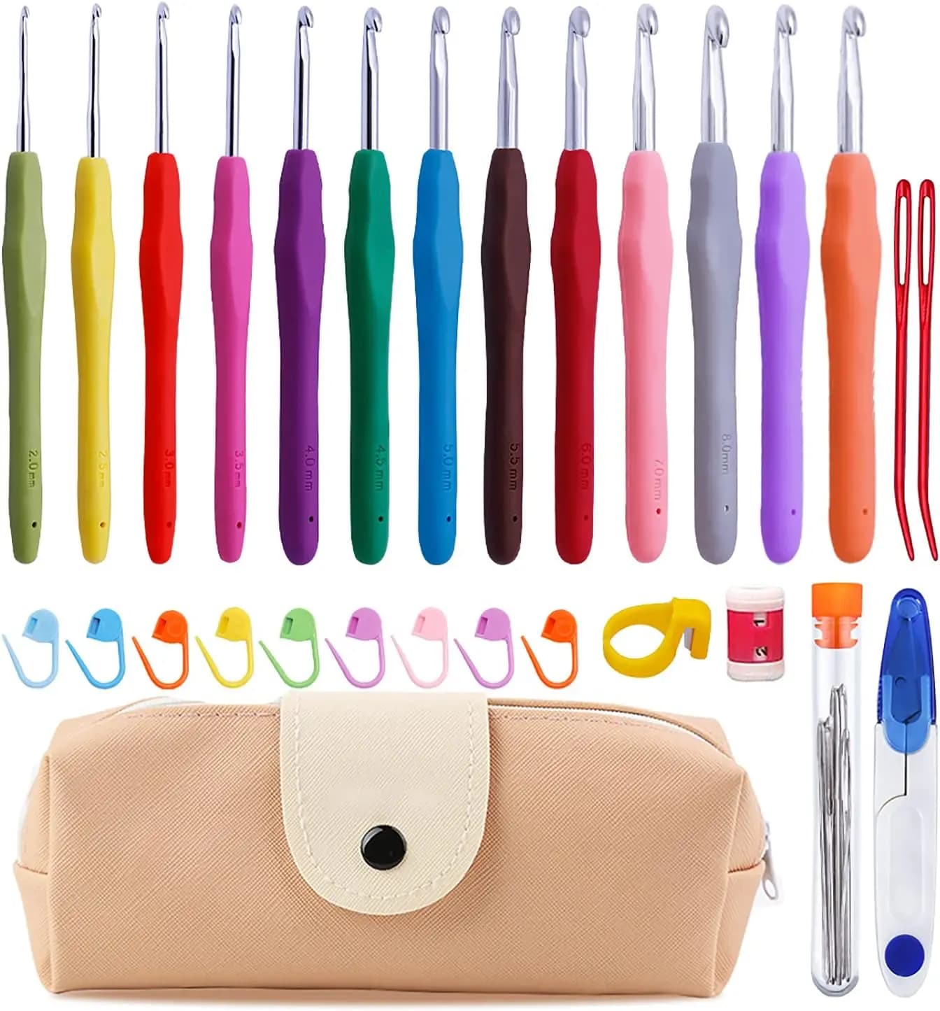 Set di 38 uncinetti con manici ergonomici, custodia e accessori per principianti e mani artritiche