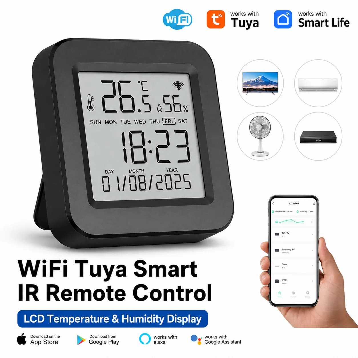 Tuya Smart Telecomando IR universale con sensore di umidità della temperatura per condizionatore d'aria TV AC Funziona con Alexa, Google Home Yandex