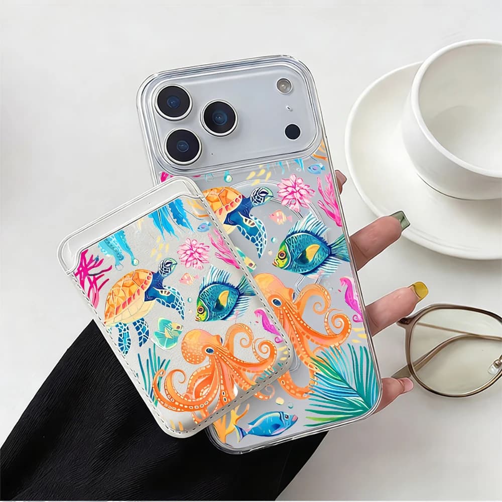 For Magsafe Wallet Magnetic Card Holder Phone Case For iPhone 17 16 13 15 12 14 Pro Max Plus Air 16E INS Marine Animals Cover