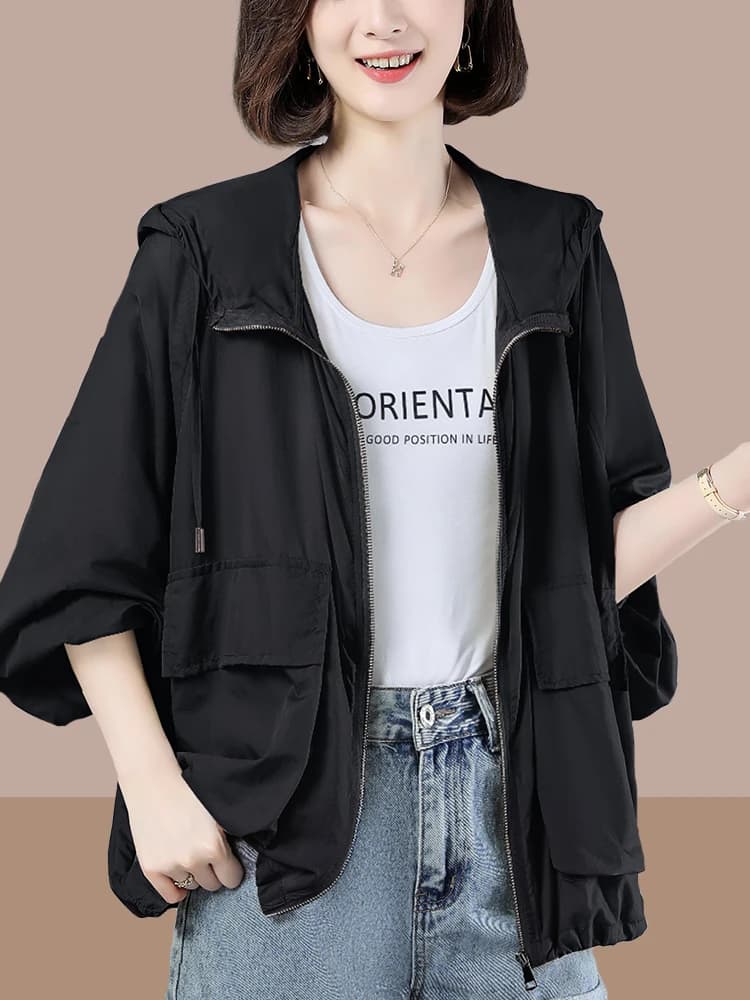 Giacca Estiva da Donna per Esterni, Leggera e Traspirante, Taglie Grandi, Protezione UV, con Cappuccio e Cerniera