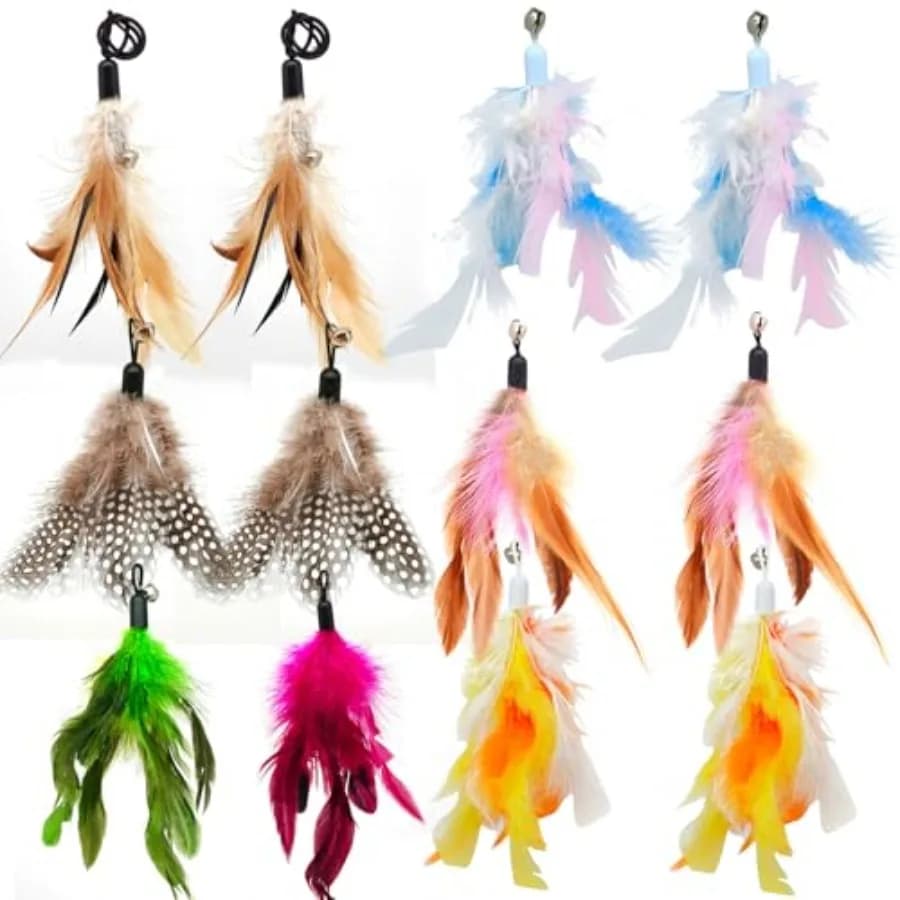 12 Pack Cat Wand Feather Toy Refills with Bells, Natural Feather Replacement for Interactive Teaser Toys, Colorful Wand Attachm