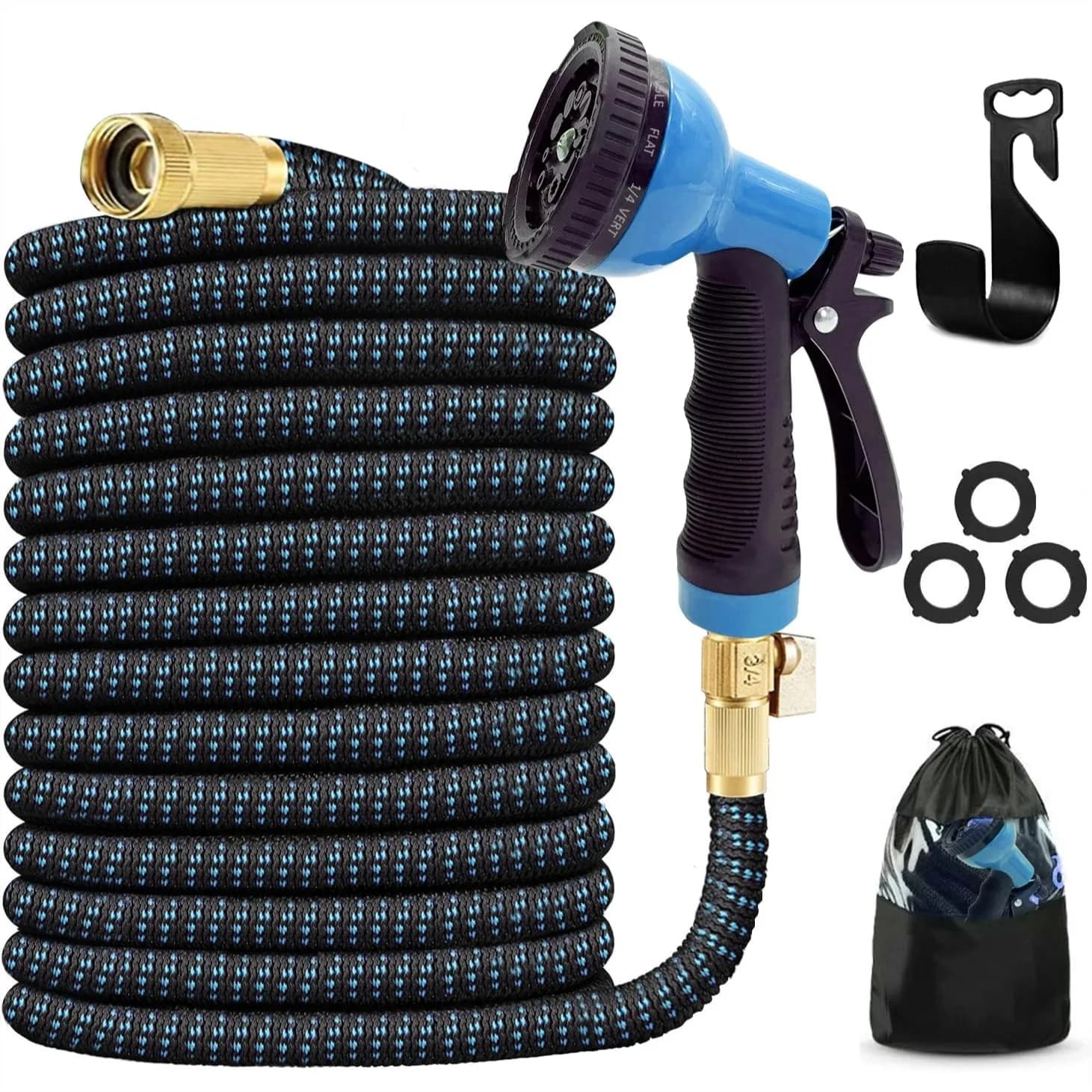 Expandable Garden Hose 75ft with Holder, Heavy Duty 3750D 4-Layer Latex Core, Extra Strong Brass Connectors and 10 Spray Nozzle
