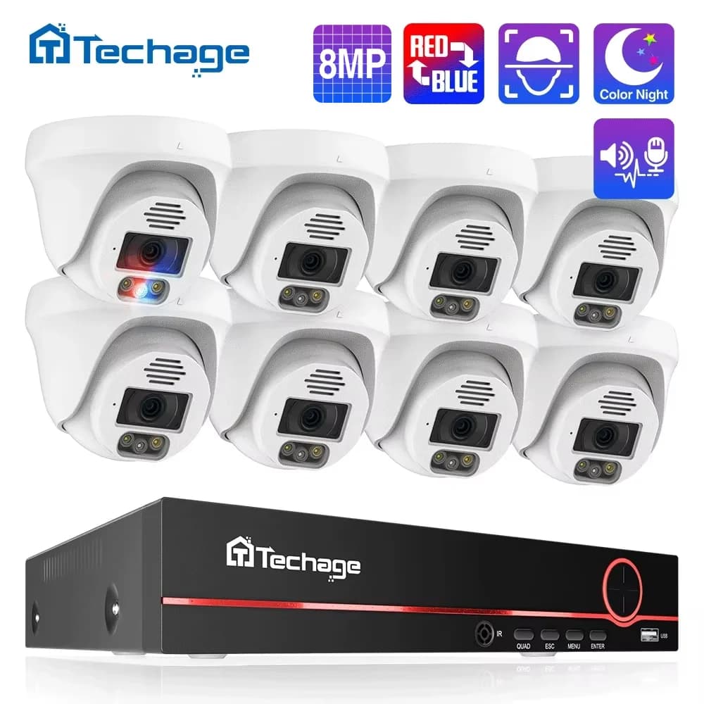 Techage 8CH 8MP 4K POE Sistema di telecamere CCTV Audio bidirezionale e riconoscimento facciale Set di videosorveglianza notturna H.265 a colori