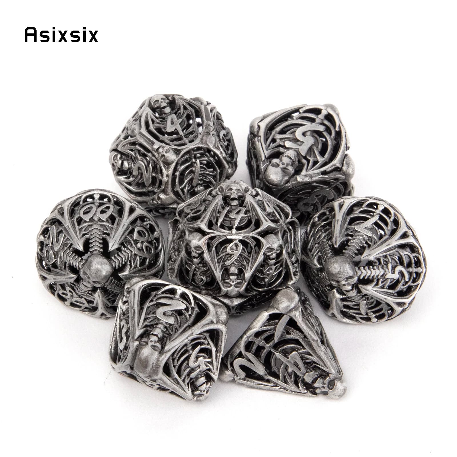 Set di dadi poliedrici in metallo cavo con teschio argentato da 7 pezzi, adatti per giochi di ruolo, giochi da tavolo, giochi di carte