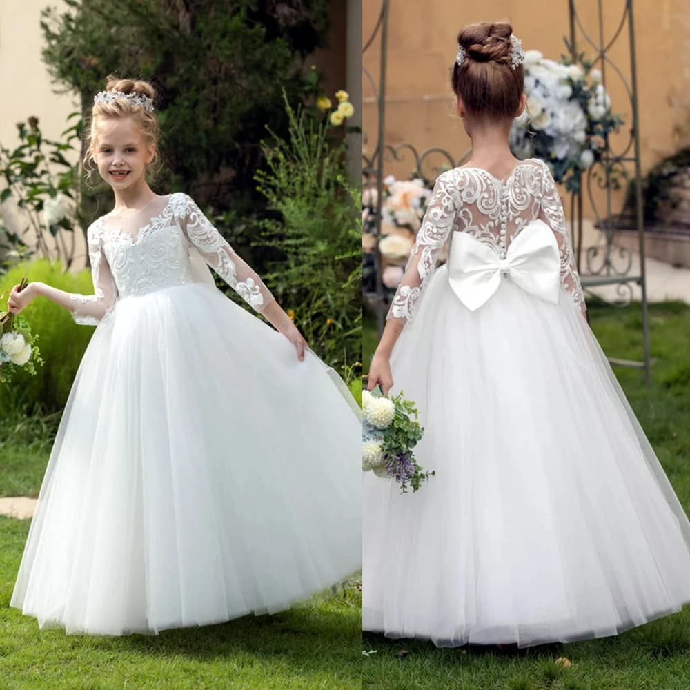 Elegante abito da ragazza di fiori in pizzo per applicazioni da sposa in tulle con maniche lunghe gonfie con fiocco Abiti da compleanno per bambini con ballo da principessa