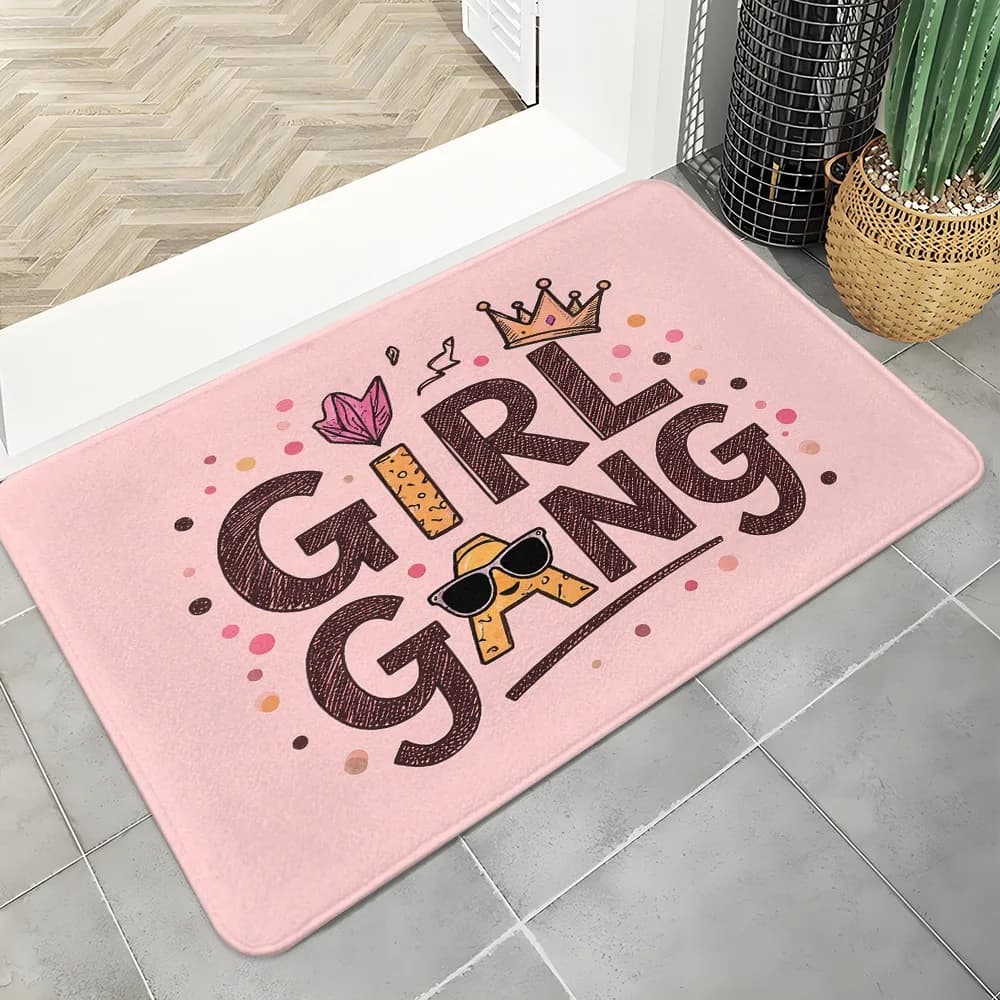 "GIRL GANG" Themed Doormat Non-Slip Flannel Mat with Crown Sunglasses & Bow Illustration, Entryway Kitchen Bathroom Living Room