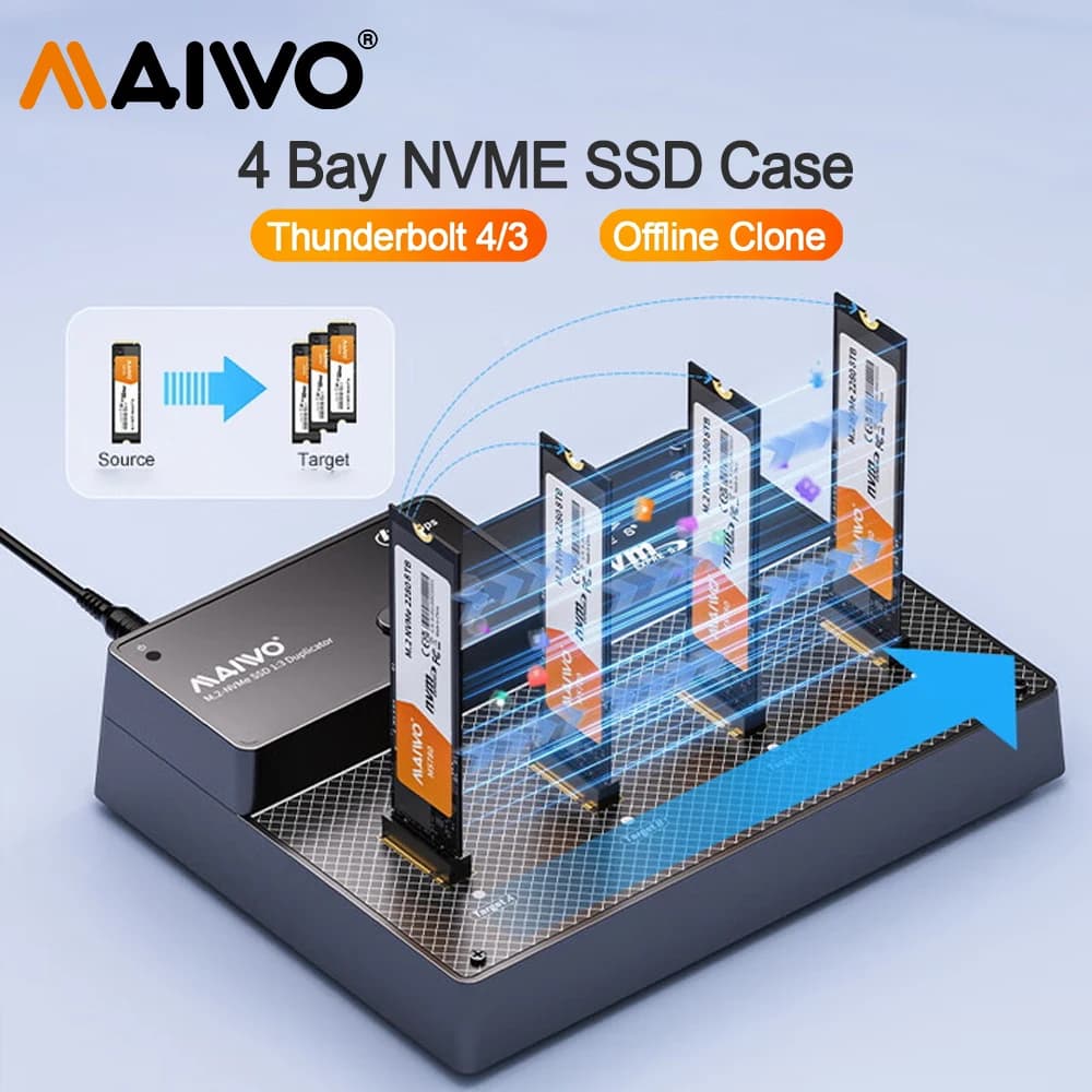 Custodia SSD MAIWO M.2 NVME a 4 alloggiamenti Thunderbolt 4/3 40Gbps Type-C Lettore di dischi rigidi esterni Custodia SSD M2 NVMe con clone
