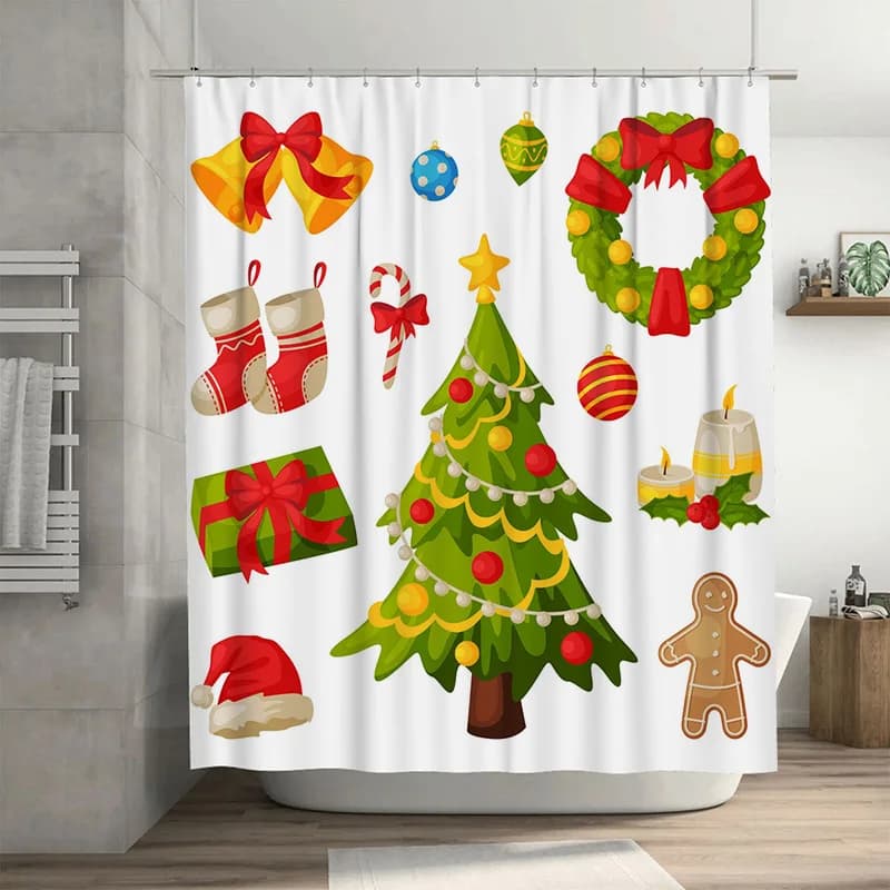 TU Tenda da doccia natalizia Decorazioni festive per le vacanze Set da bagno impermeabile reversibile Alberi di Natale Modello di Babbo Natale Tessili per la casa