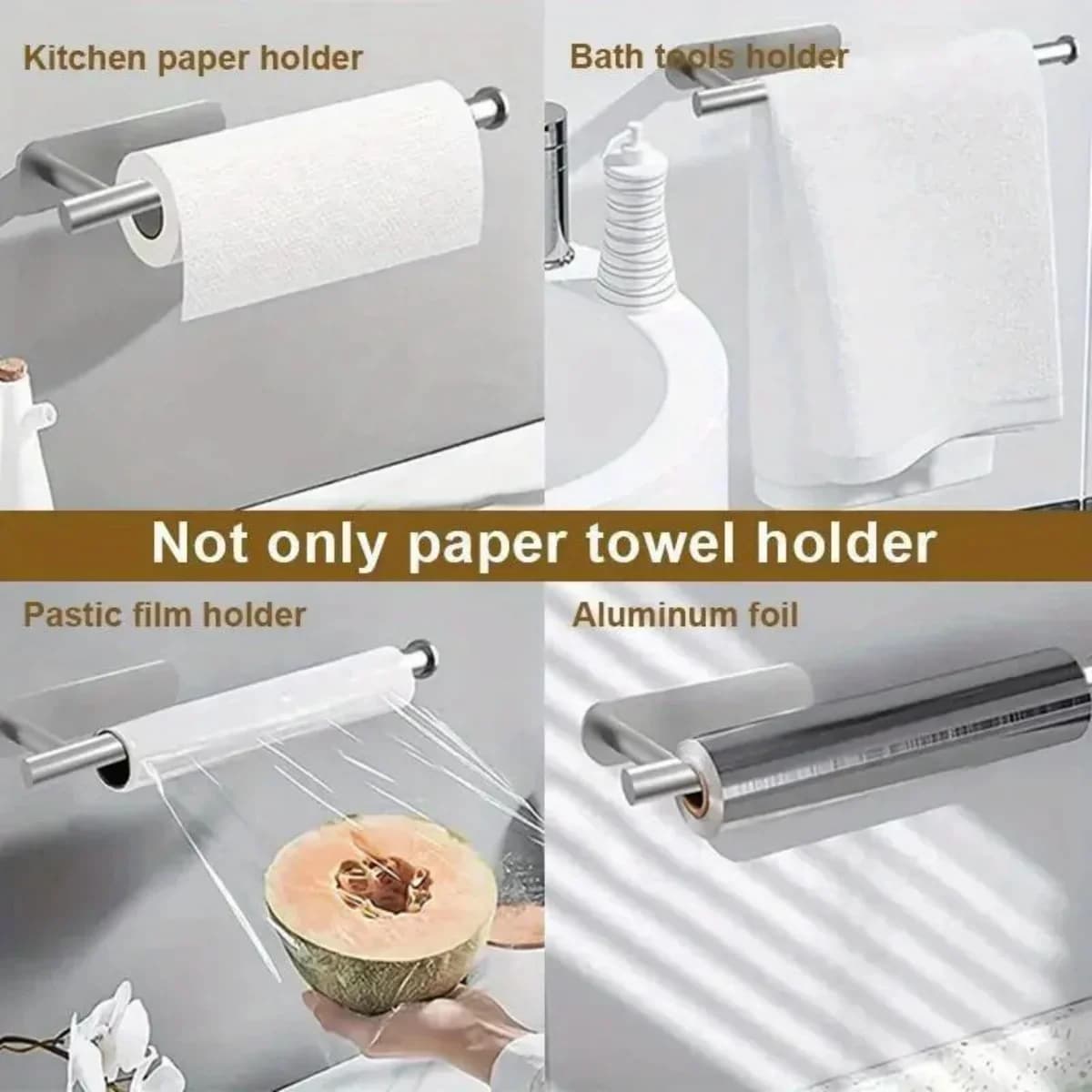 Adhesive Paper Towel Holder, No Drilling Wall Mount Kitchen Roll Dispenser, Stainless Steel Under Cabinet Towel Rack for Kitchen, Bathroom