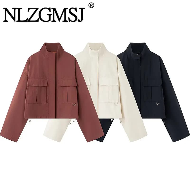 NLZGMSJ 2026 Spring Stand-up Collar Pocket Jacket New Trends Commute Casual Jacket Women Fashion Simple Jacket