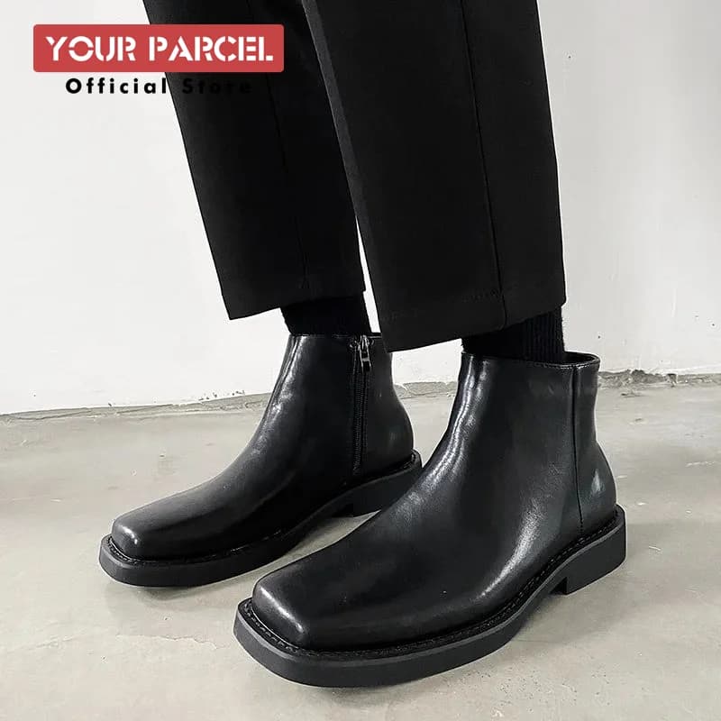 Stivaletti Chelsea con punta quadrata per stivali da uomo in pelle stile inglese per stivali da uomo Tendenza stivaletti corti con cerniera versione coreana