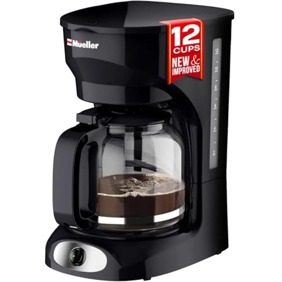 Macchina per caffè americano Mueller da 12 tazze - Caraffa in borosilicato, spegnimento automatico, filtro riutilizzabile, funzione anti-goccia, funzione mantenimento calore, acqua trasparente L