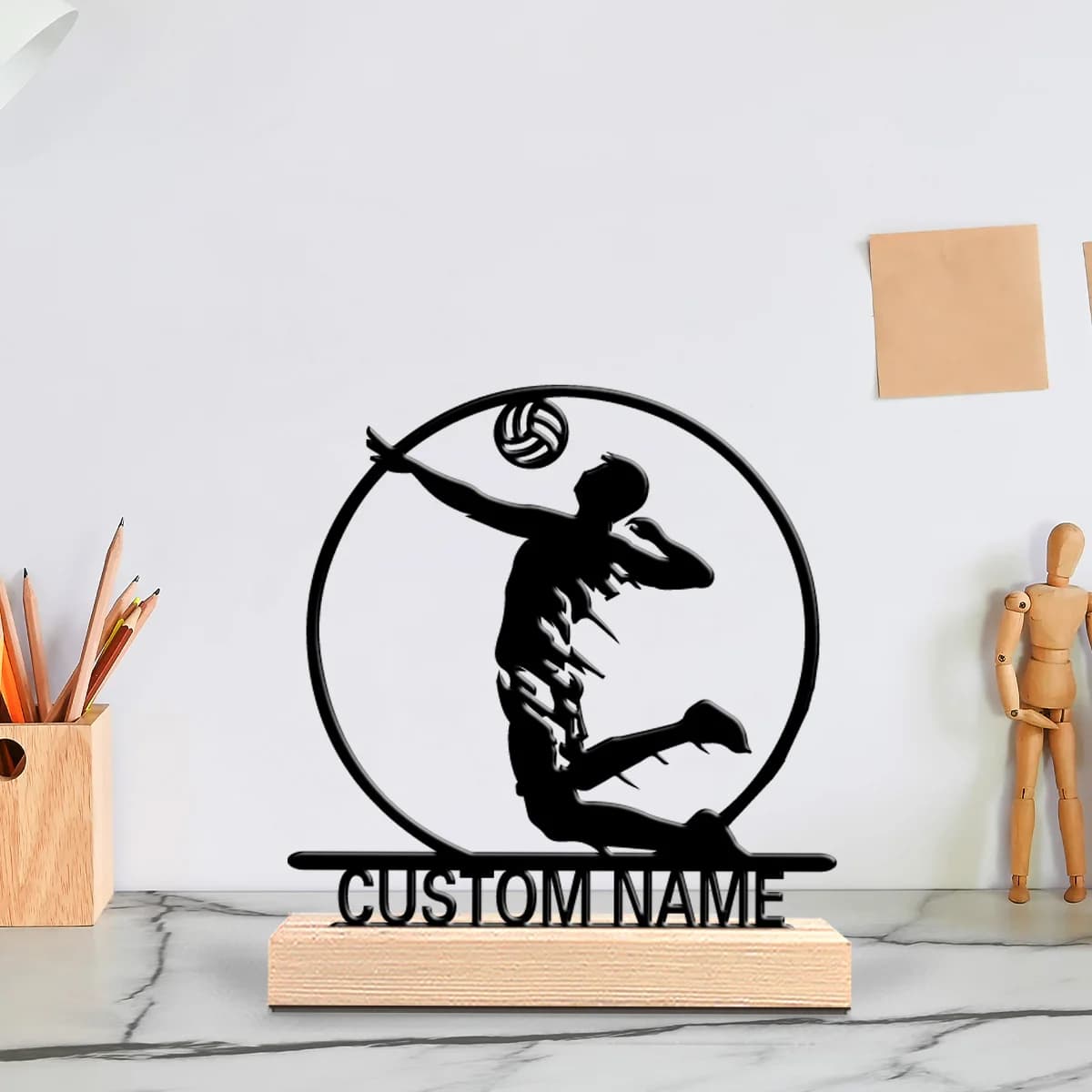 1pc Volleyball Personalized Letter Metal Statue Iron Ornament Art Figurine With Wood Base Metal Statue Study Desktop Decoration