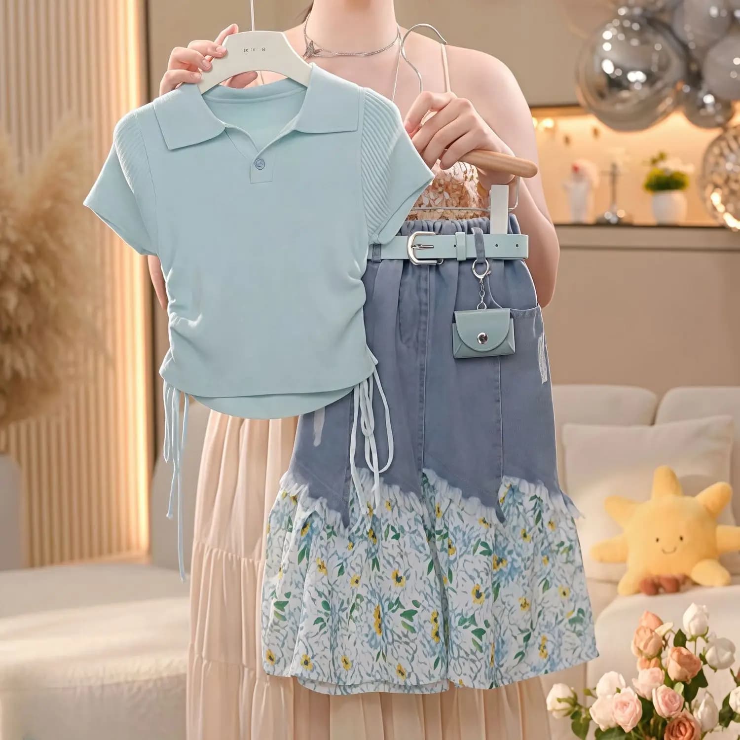 Gonna in denim floreale patchwork per bambine, nuova collezione estate 2026, gonna principessa dolce e versatile con pizzo, set due pezzi per vacanze
