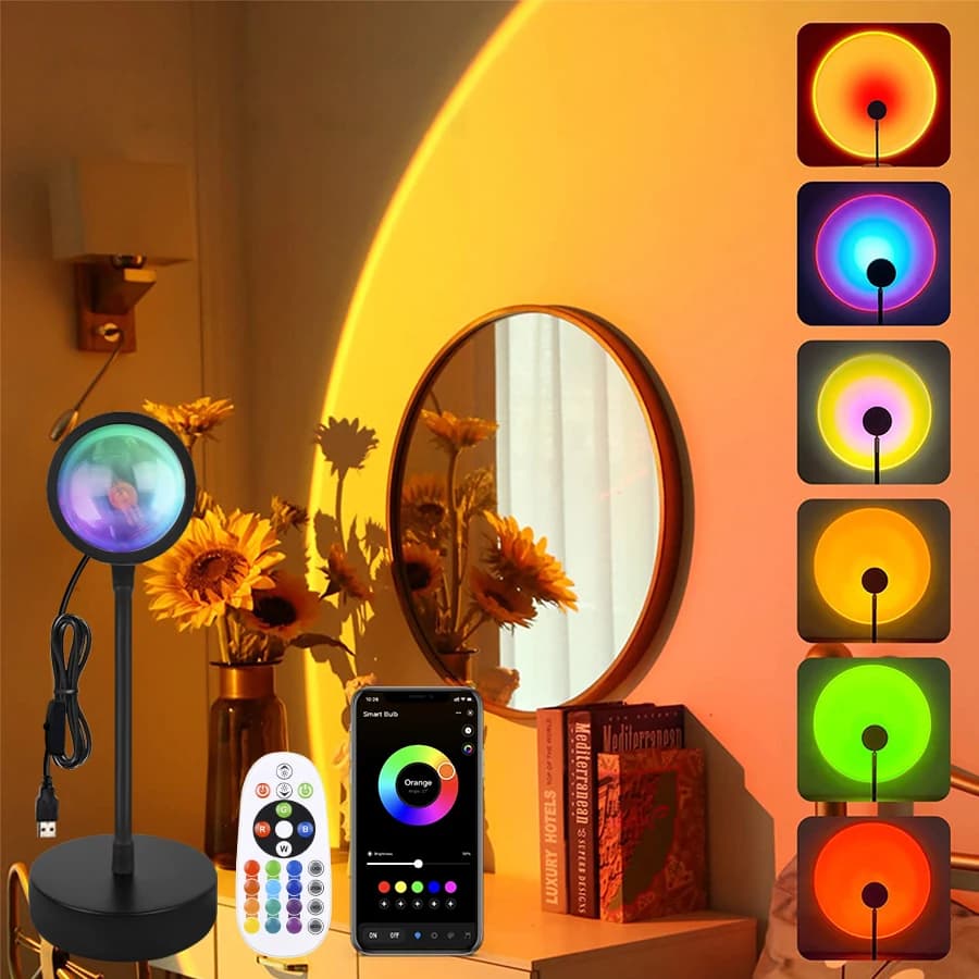 Proiettore LED USB Luci notturne Lampada notturna atmosfera tramonto RGB con telecomando per la decorazione dello sfondo fotografico per la trasmissione della camera da letto