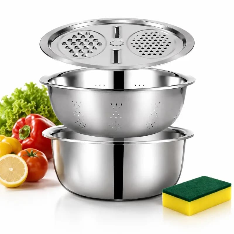 4pcs Sponge Stainless Steel Slicer Potato Slicer Vegetable Washing Basin Drain Basket Multifunctional Utility Tool Kit Sets Plus