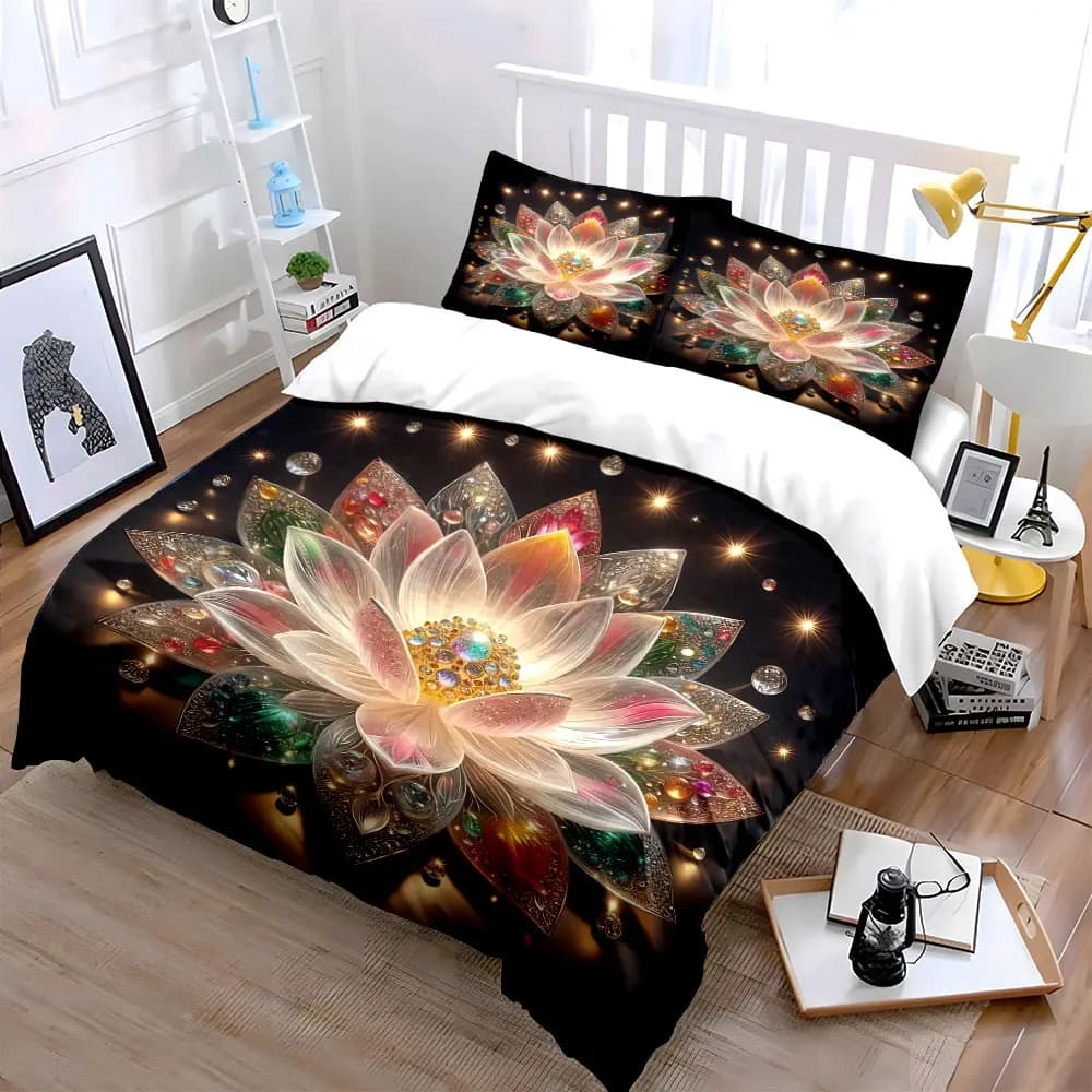 Set di ornamenti decorativi in cristallo a forma di loto, set di biancheria da letto morbida e delicata sulla pelle, include 1 copripiumino e 2 federe, regalo