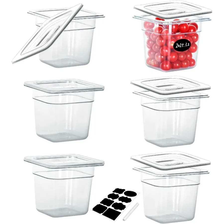 Pack of 6 NSF food pans with lids, 6''' deep commercial food containers, polycarbonate, transparent