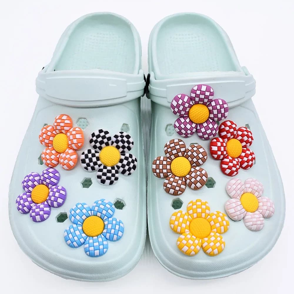 10-50Pcs Colorful Plaid Flower PVC Shoe Charms Woman Slippers Buckle Accessories Popular Designer Ornaments