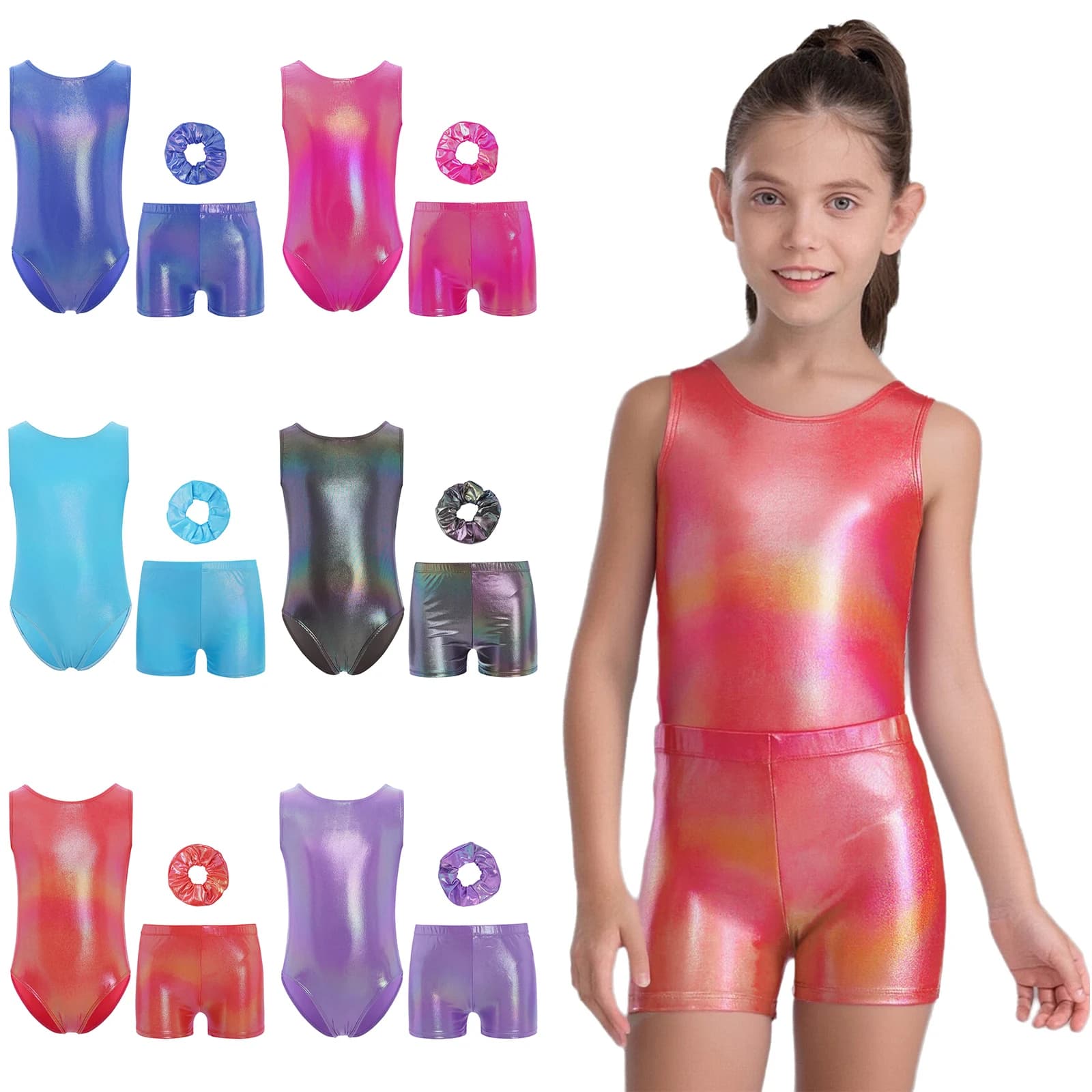 Completo da ginnastica metallizzato 3 pezzi per bambine 2-8 anni: body senza maniche con schiena incrociata + pantaloncini + fascia per capelli, ideale per pattinaggio artistico