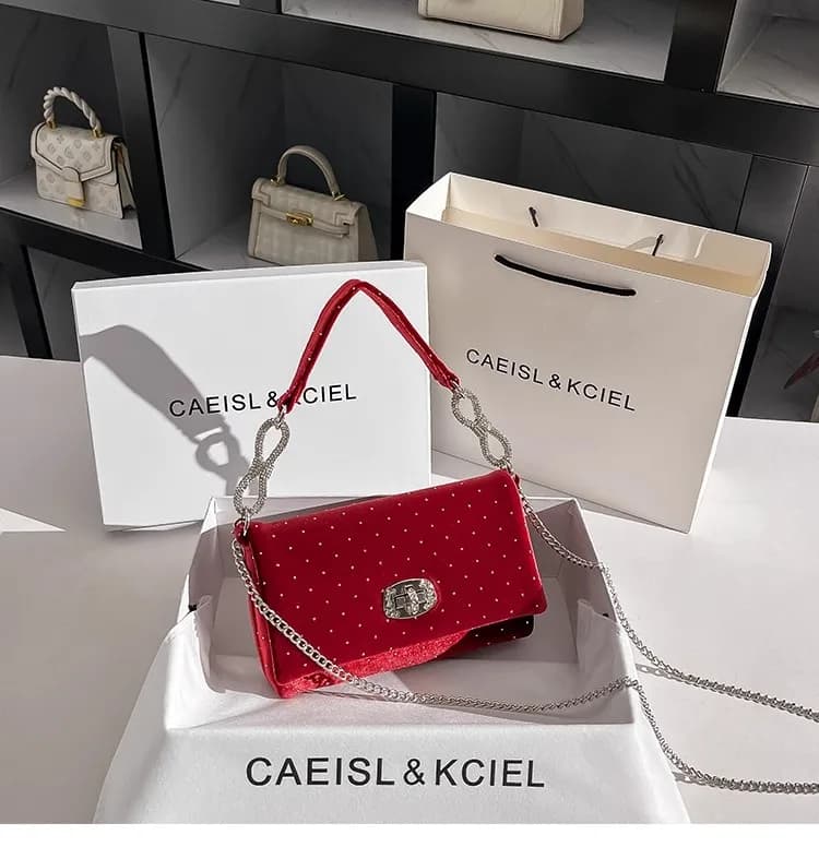Borsa Quadrata Rossa in Velluto alla Moda, Lussuosa Borsa Glitterata per Banchetti, Pochette da Cerimonia, Borsetta da Donna, Borsa a Tracolla