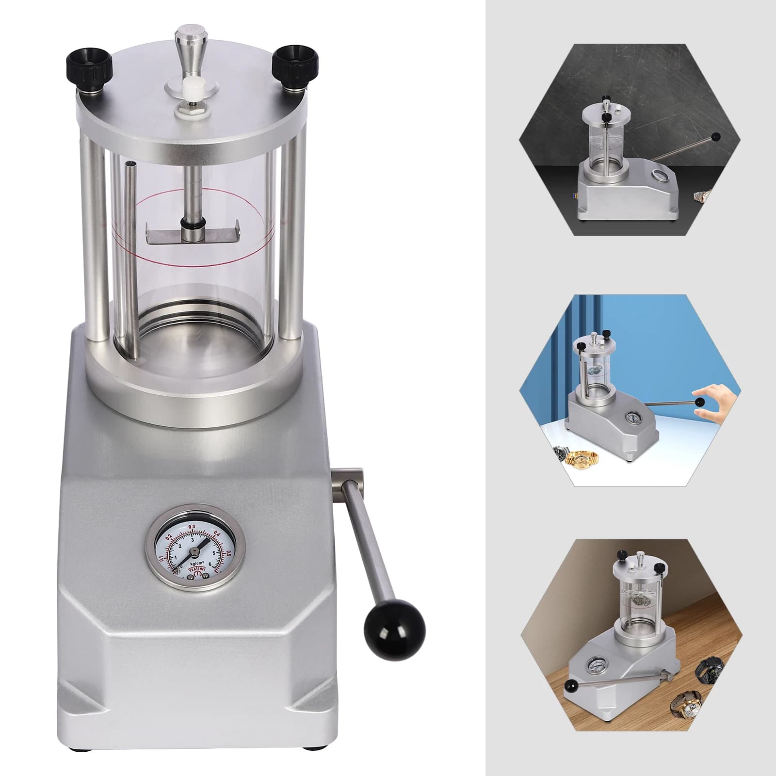 Tester per vetro a pressione impermeabile per cassa dell'orologio, strumento di test impermeabile per orologio manuale in argento per la casa, negozi di orologi