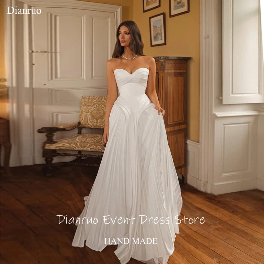 Dianruo Sweetheart Abito da sposa pieghettato Lunghezza pavimento Senza maniche Vestido De Noiva Senza maniche A Line Abiti da sera Personalizzati