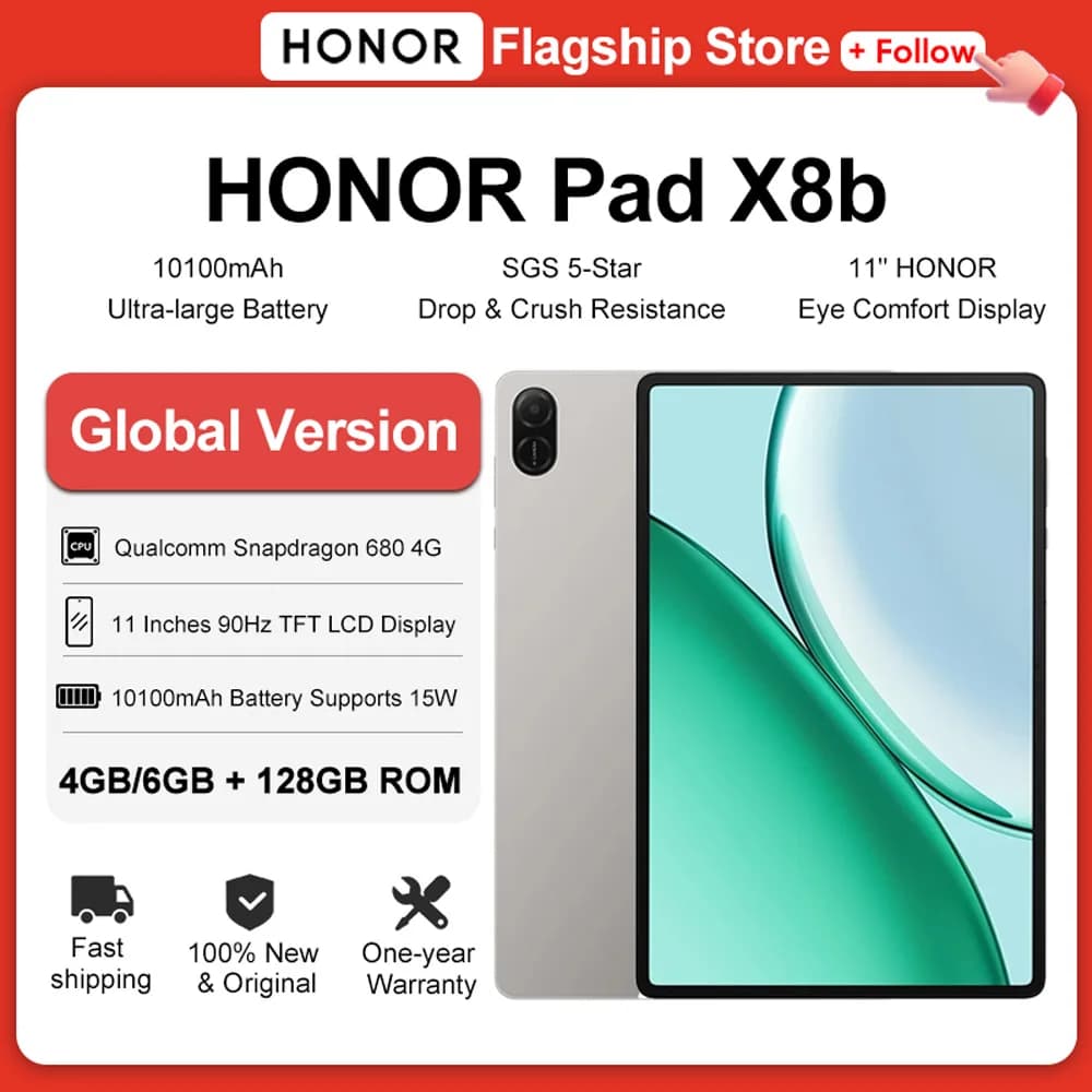 Versione Globale HONOR Pad X8b Batteria Ultra-Capacitiva da 10100mAh Display Fullview da 11'' Snapdragon 680 Corpo in Metallo Tablet per Bambini Android 16