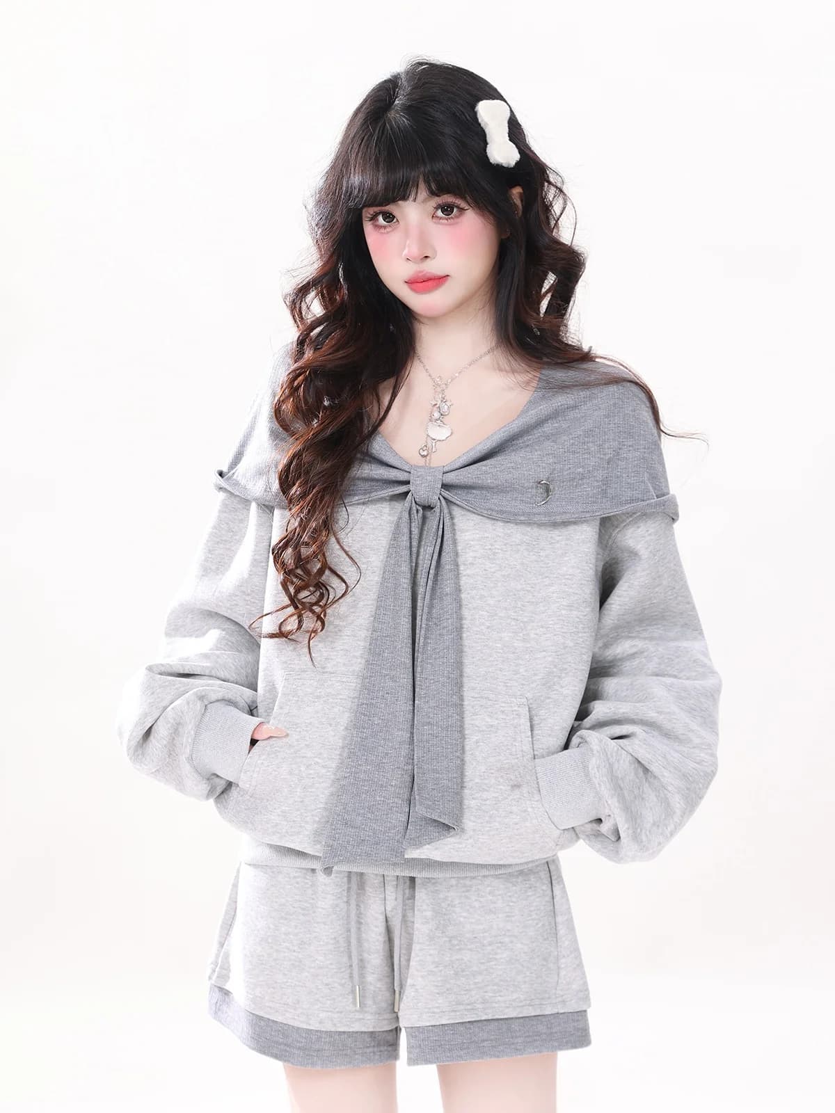 ENJOG American Style One Shoulder Two Wear Hoodie Women's Spring Summer New Design Loose Lazy Short Pants Set Casual Fashion