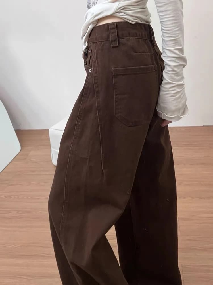 Retro American High Street Coffee Color Wide Leg Jeans Women's Autumn Winter New Loose Slim High Waist Wide Leg Floor-Length ...