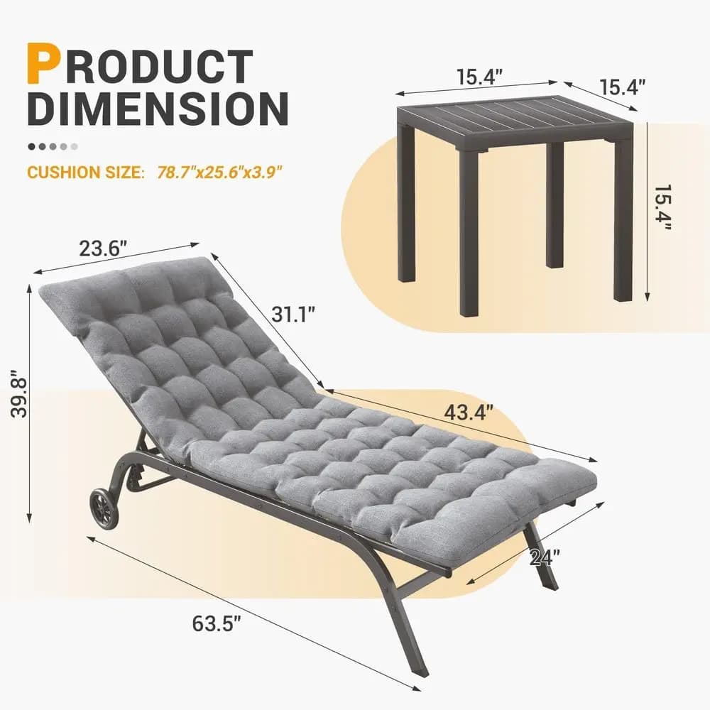 Set of 2 Chairs in Aluminium for Outdoors with Table, Chaise Longue by Pool with Bearing to Take the Sun, 5 Adjustable Positions