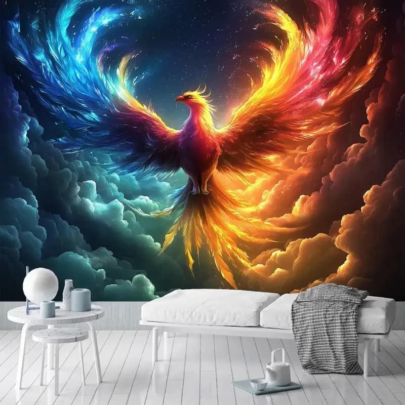 Fantasy Phoenix Tapestry Fire and Ice Bird Wall Hanging Aesthetic Background Cloth for Bedroom Dorm Home Decor
