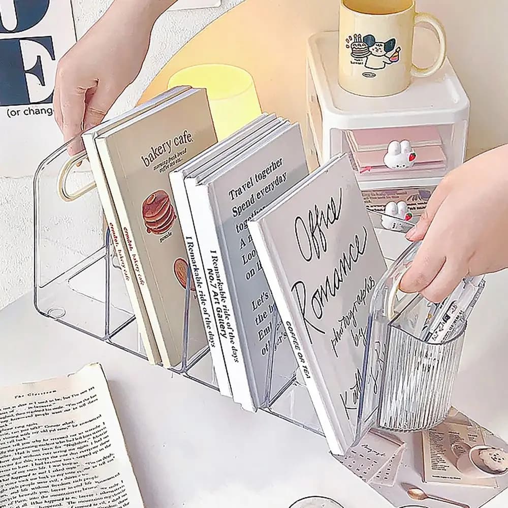 Fermalibri in Acrilico Trasparente Durevole con Maniglia, Organizzatore da Scrivania, Porta Libri da Tavolo, Scaffale per Classificazione, Accessori per Studio