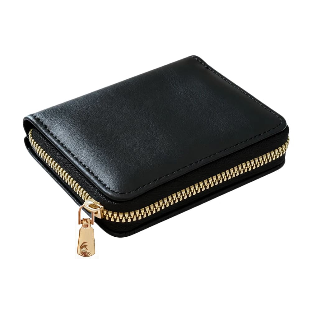 Porta carte di credito con cerniera in pelle PU nera Porta carte di credito con blocco RFID sicuro a 11 slot con tasca portamonete per viaggi da donna