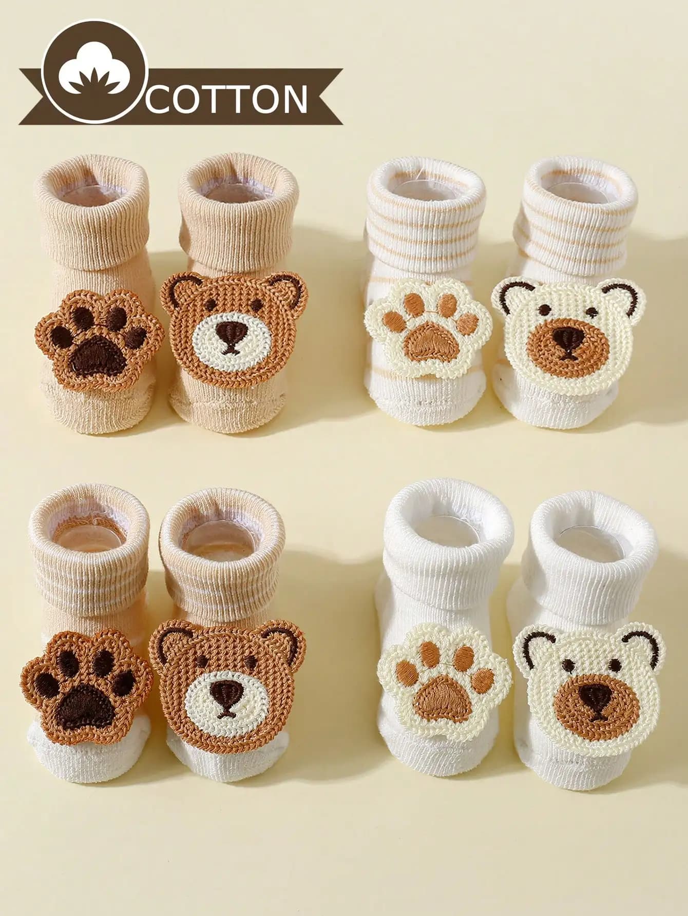 4Pack Newborn Baby Cotton Mid Calf Socks Cute Crochet Bear & Paw Patch Soft Breathable Striped Cuff Infant Casual Socks For 0-6M