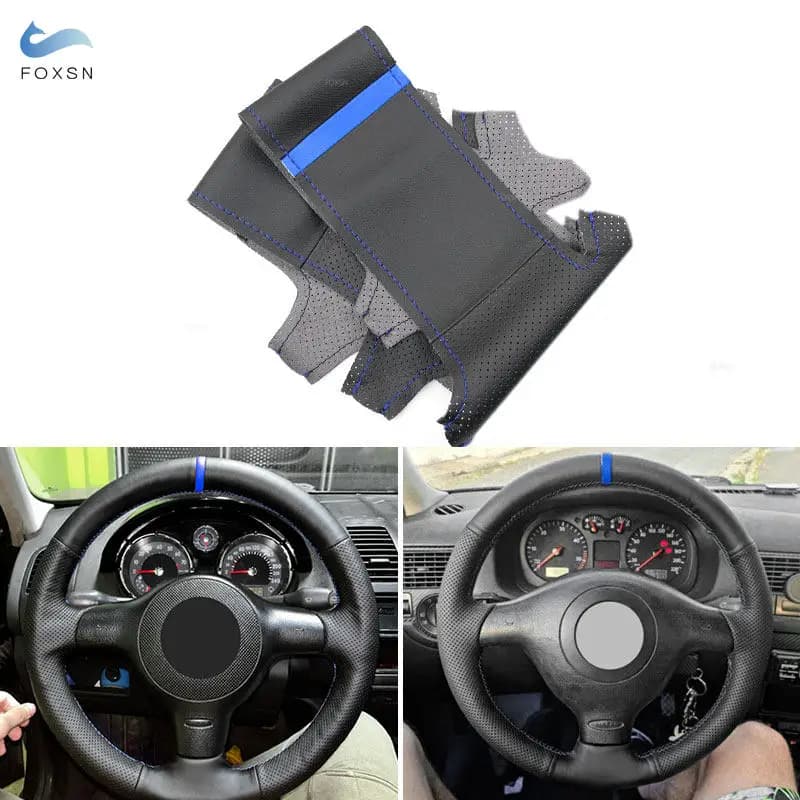 For VW Golf 4 MK4 Bora 1997-2004 Passat B5 1997-2002 Polo 1999-2001 Car steering wheel Decor Black leather cover with blue strip